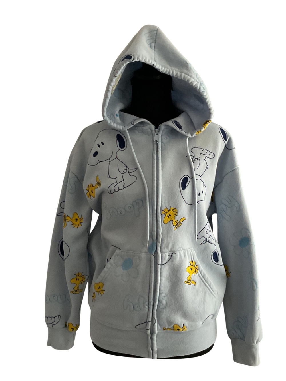 Peanuts Light Blue Zip-Up Hoodie Snoopy & Woodstock Allover Print Women M Y2K